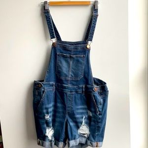 Plus + Denim overall shorts distressed. Size 16